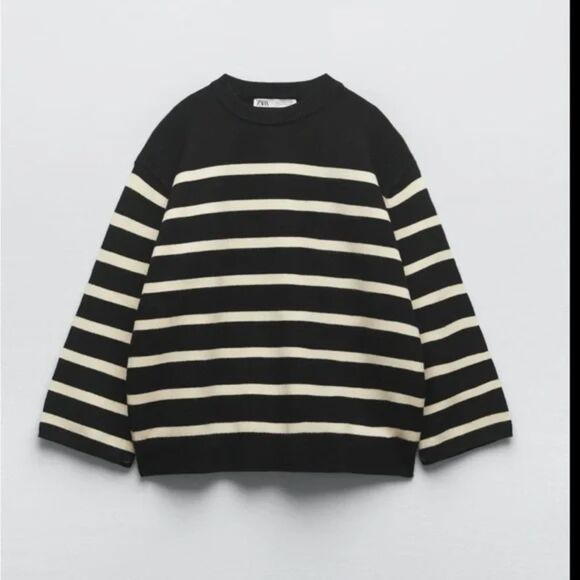 Black White Striped Zara Button Sleeve Round Neck Pullover Knit Sweater (NWT) - Picture 1 of 6